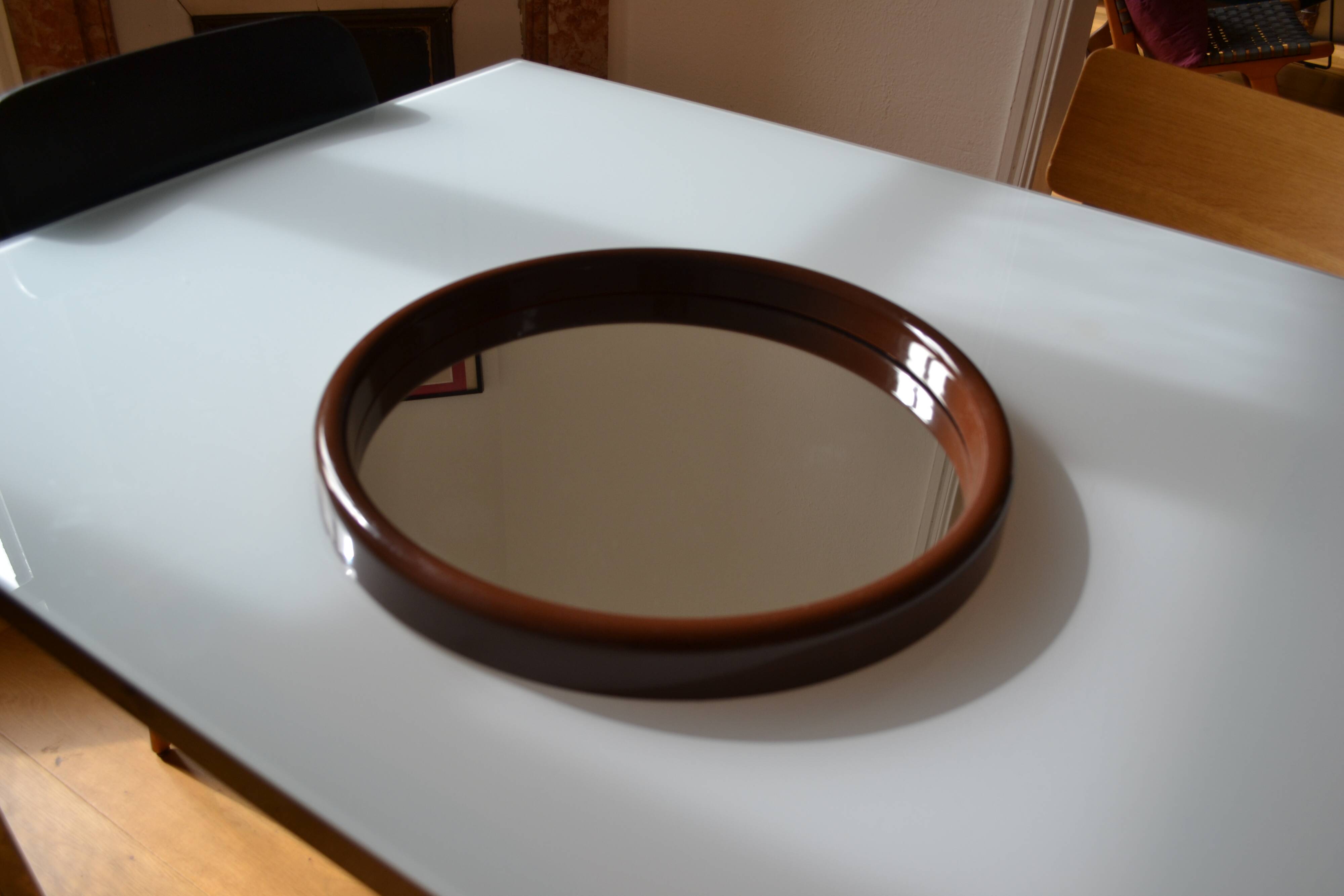 Scandinavian round mirror from the 70s brown plastic Finnmirror made in Finland