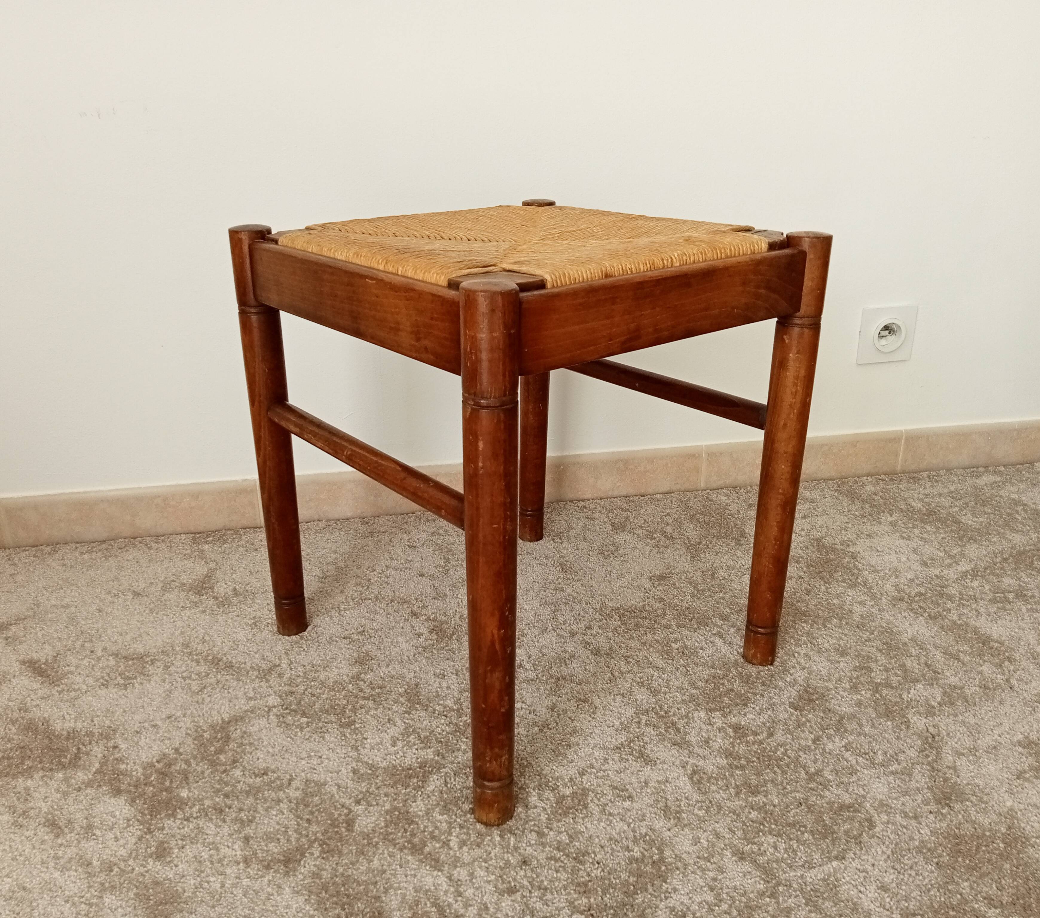 Vintage straw stool in cherry wood 70s/80s