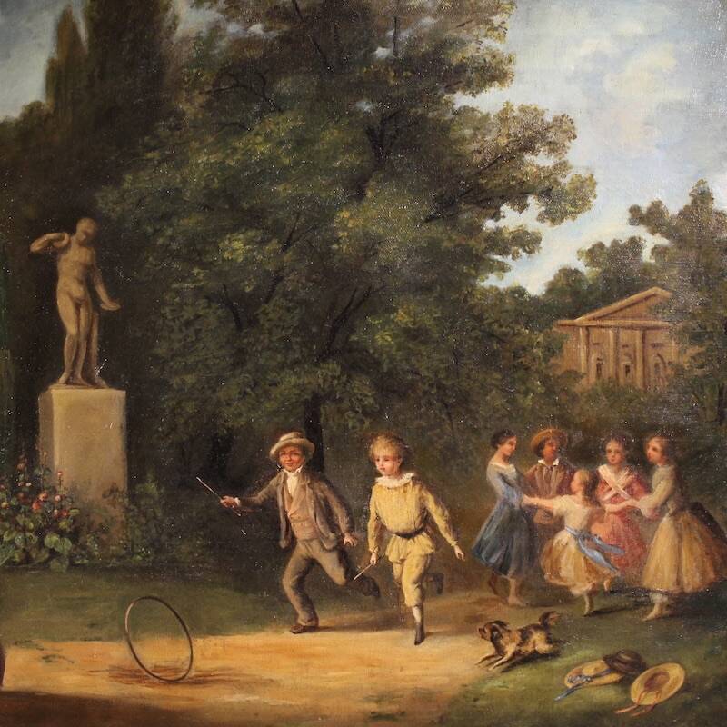 Peinture de scène de genre française d'un parc avec des enfants jouant.