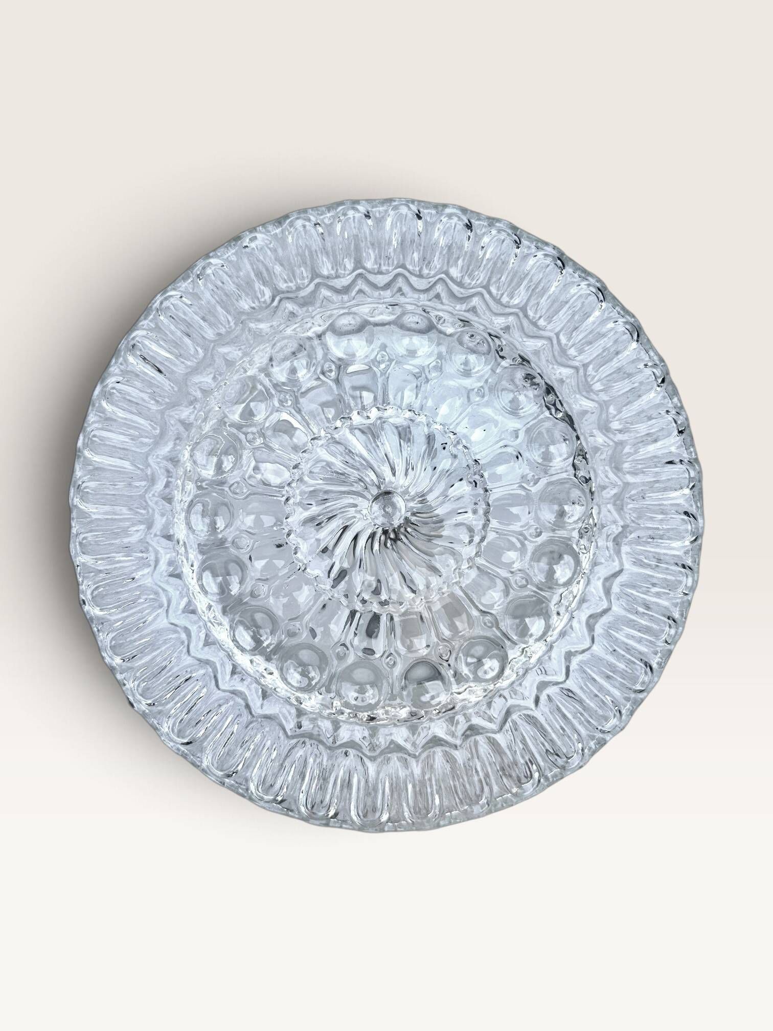 Set of three round wall/ceiling lights in moulded glass.