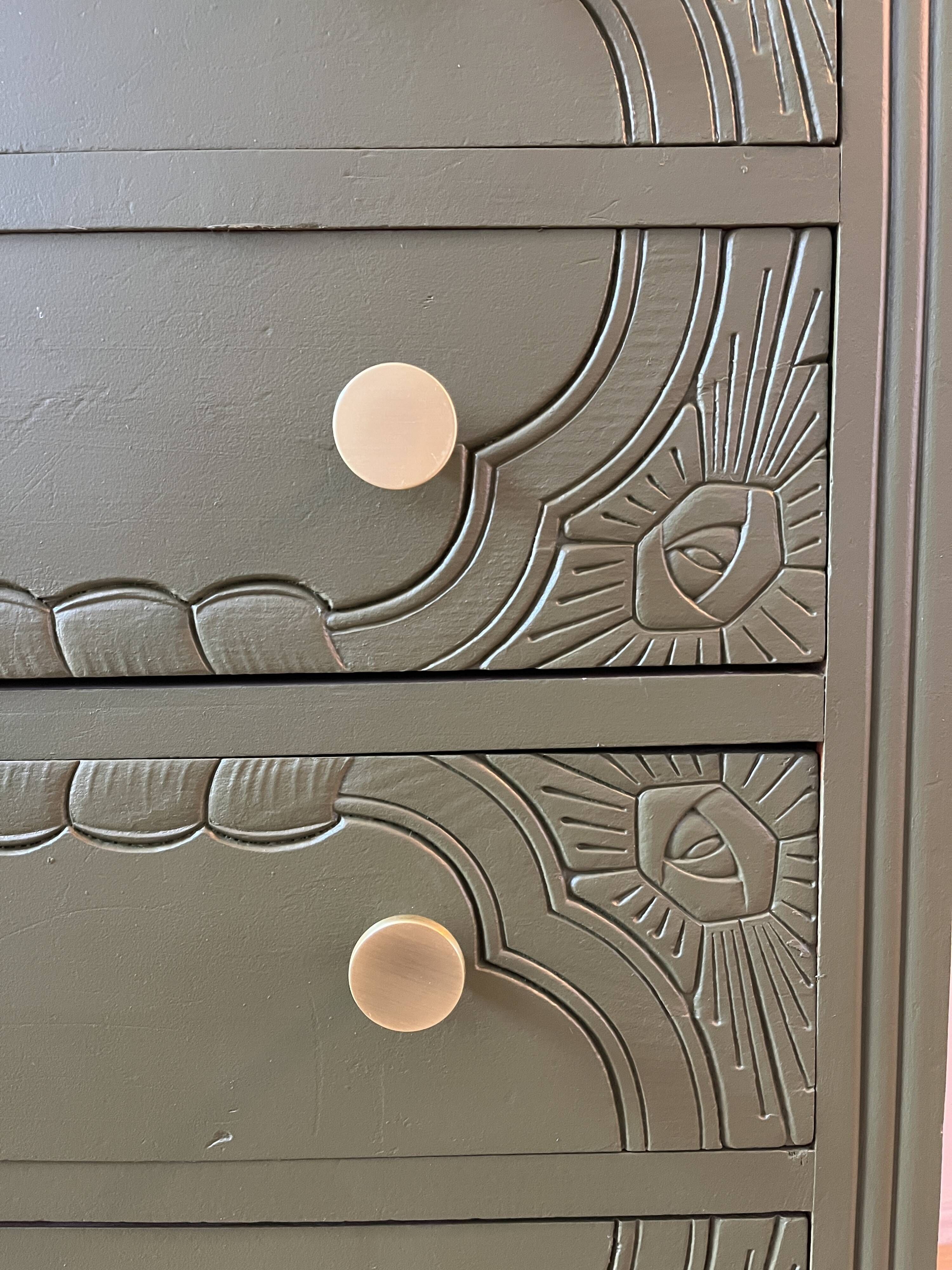 Art Deco chest of drawers - woody green - gold handles