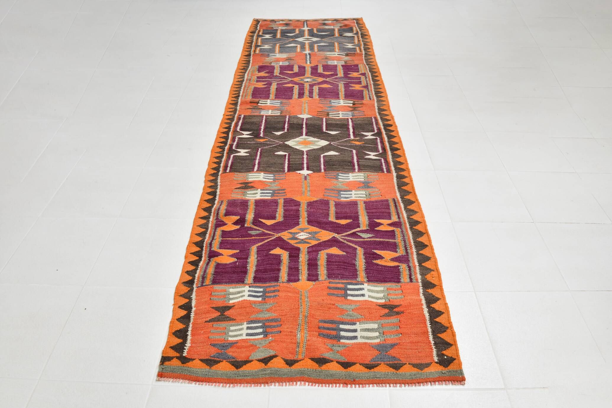 4x12 Kilim Multicolor Rare Size Pattern Kilim Rug, 113x364Cm