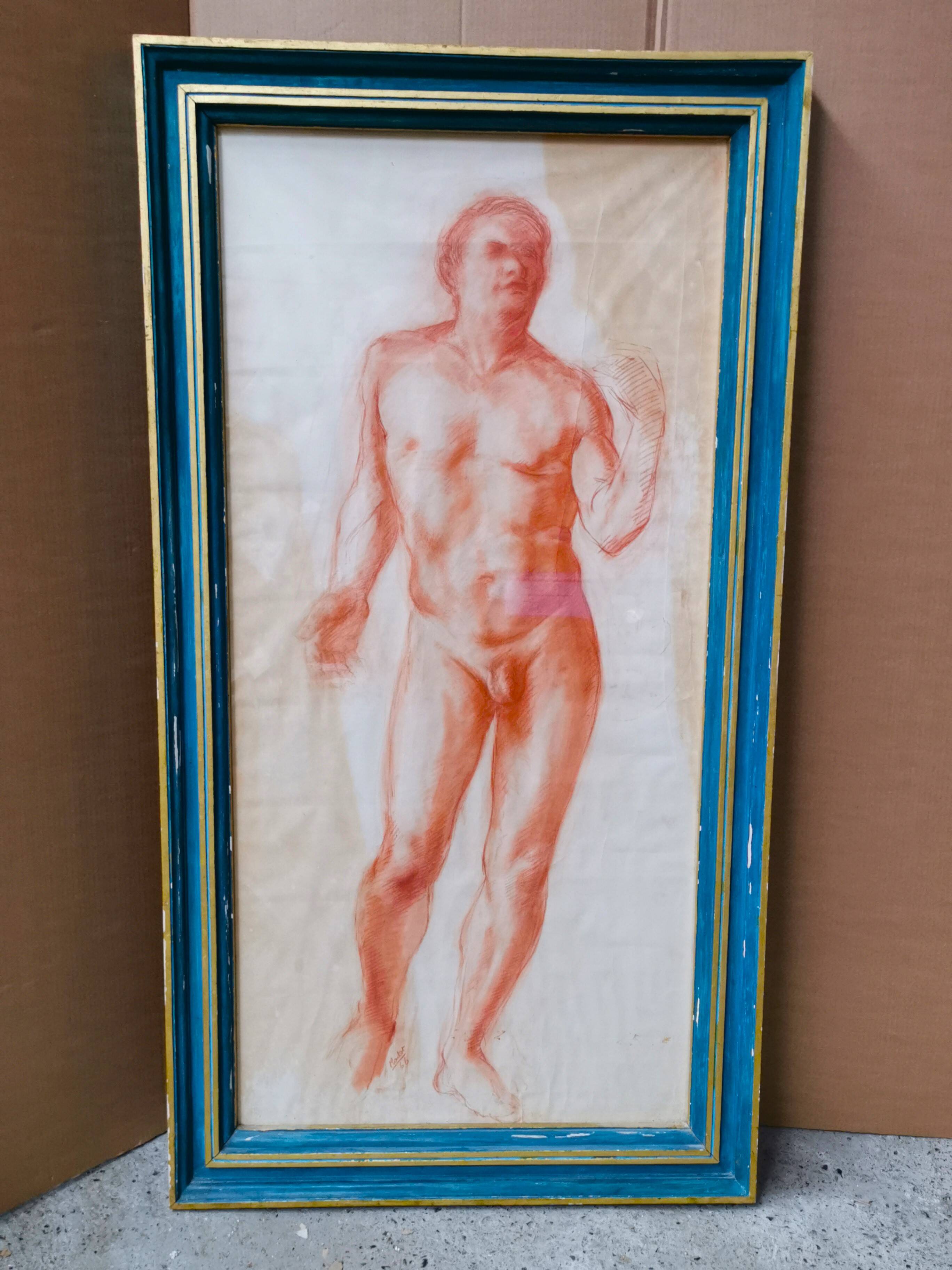 Large Sketch / Sanguine Painting of a Naked Man, signed ROULOT 66