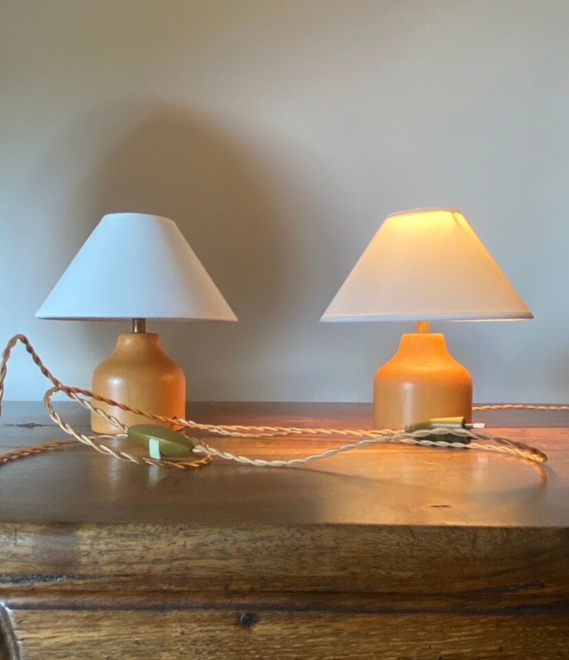 Two Danish lamps, 2x2 m of fabric cables, cotton shades.