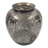 Vase ancien émaillé argent?- art nouveau - décor fourni chat, écureuil, oiseau