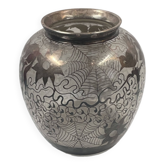 Vase ancien émaillé argent?- art nouveau - décor fourni chat, écureuil, oiseau