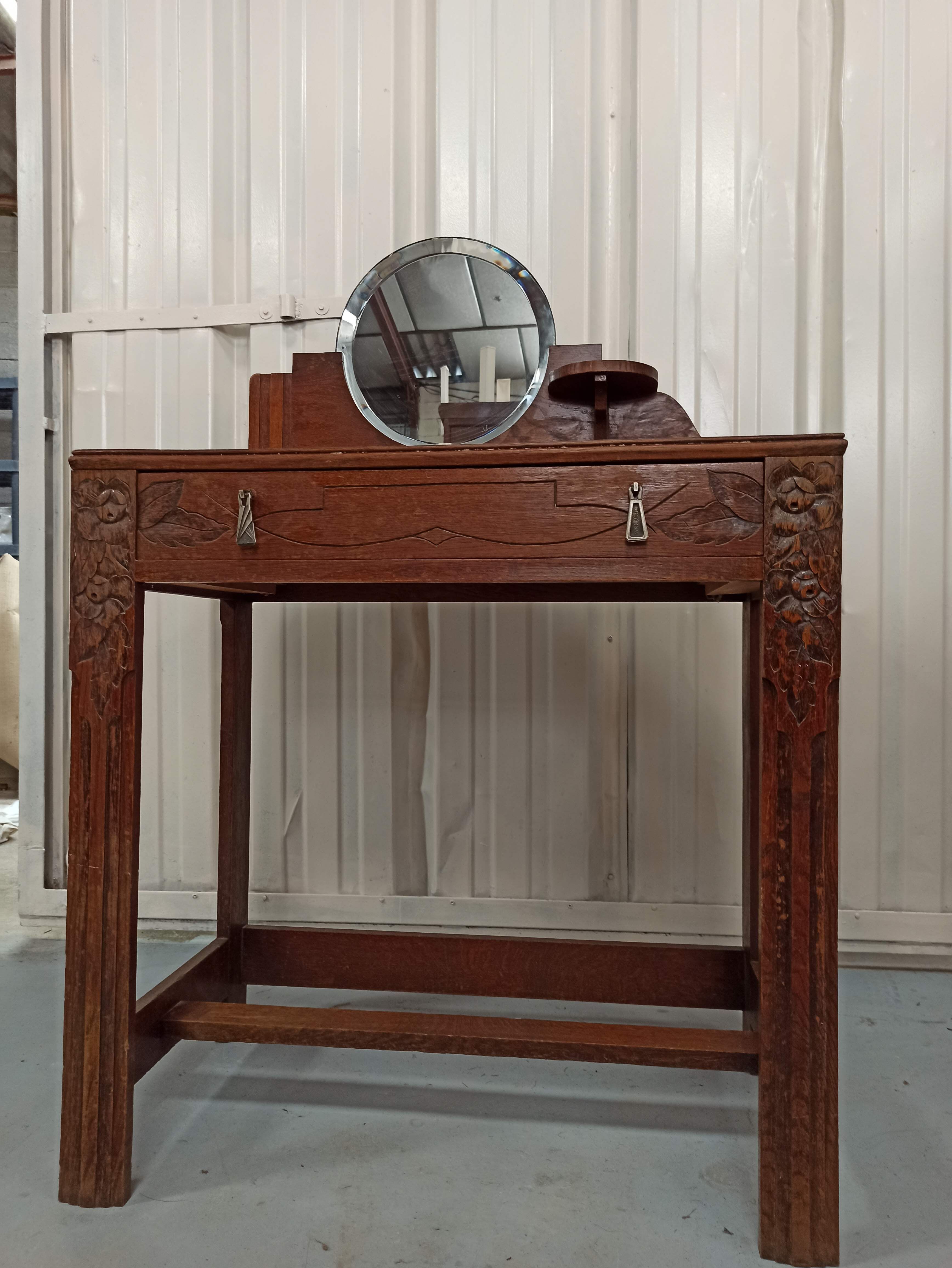 Art deco wooden dressing table oak round mirror