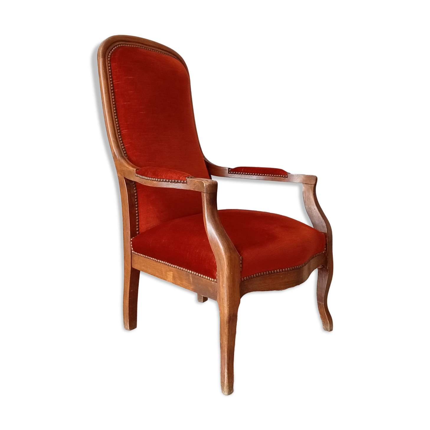 Walnut and velvet voltaire armchair