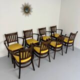 Lot de 8 anciennes chaises fauteuils de bistrot en bois et simili jaune 80’