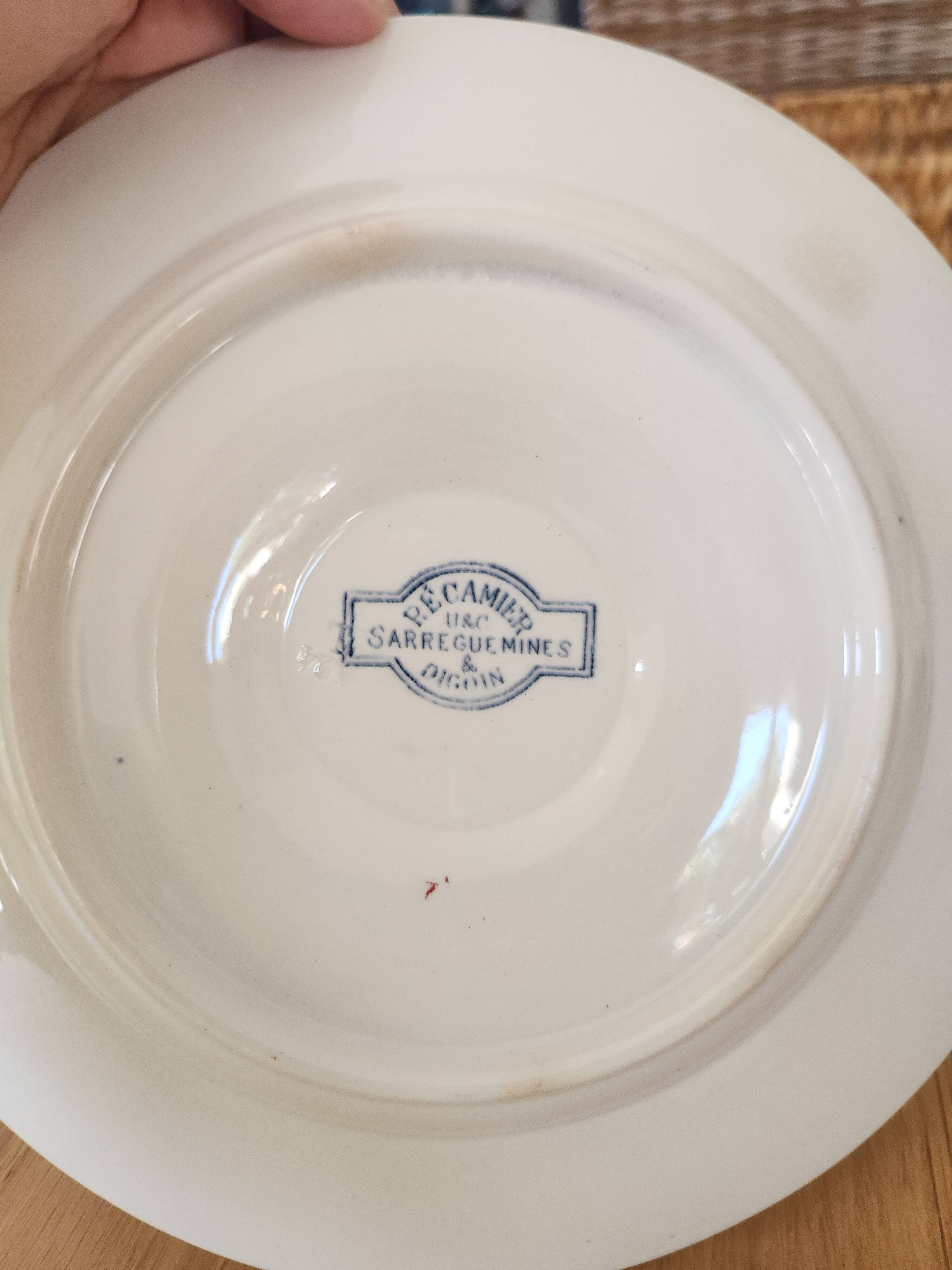 Pair of antique asparagus plates "Récamier" in Terre de Fer, Sarregue