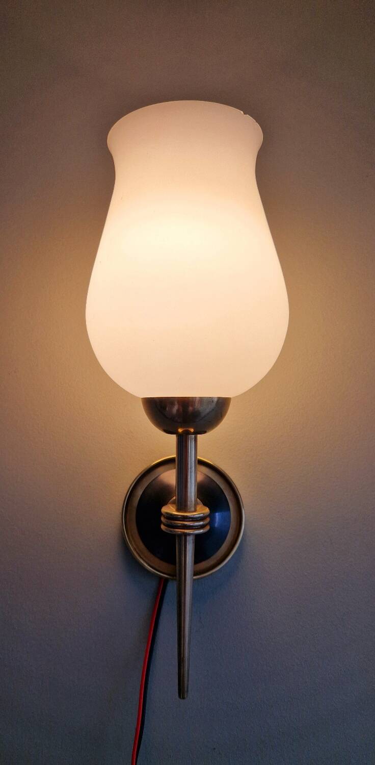 Pair of opaline and brass wall lights, 1950