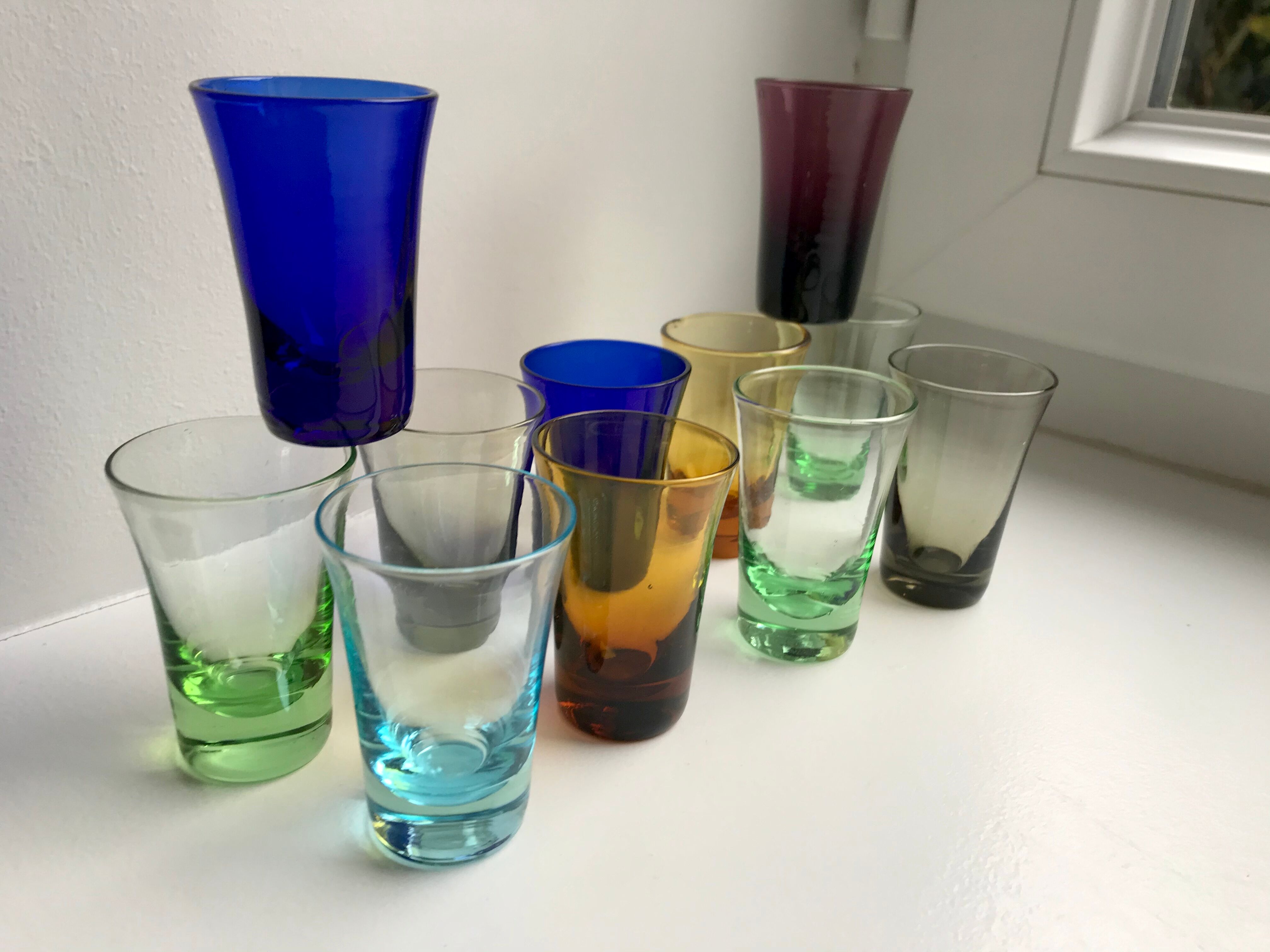 Set of 11 colored glass shot glasses 70s