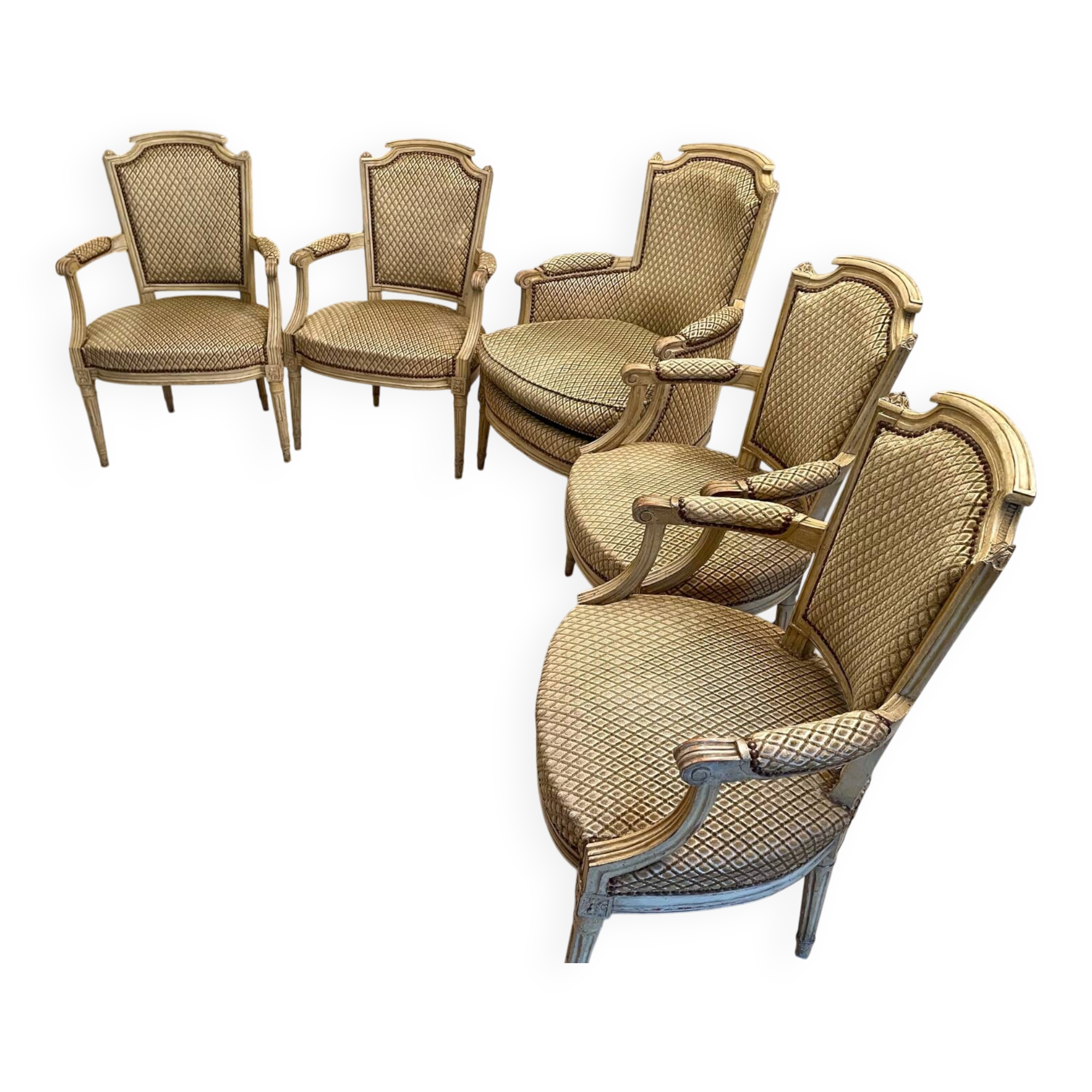 Elegant Louis XVI set – 4 cabriolet armchairs + 1 bergère