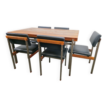 Pali Dining Chairs and Table by Louis van Teeffelen for Wébé, 1960s, Set of 6