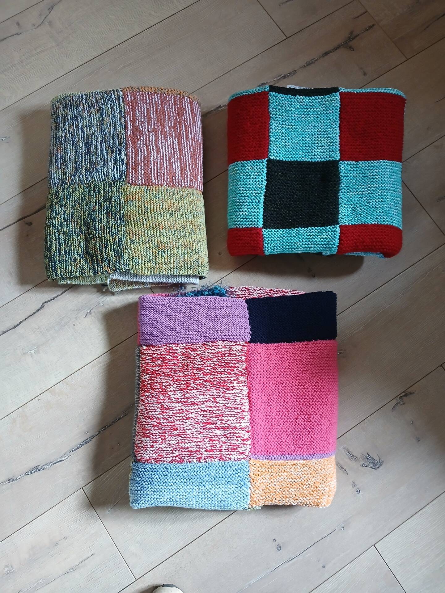 3 patchwork blankets knitted by hand