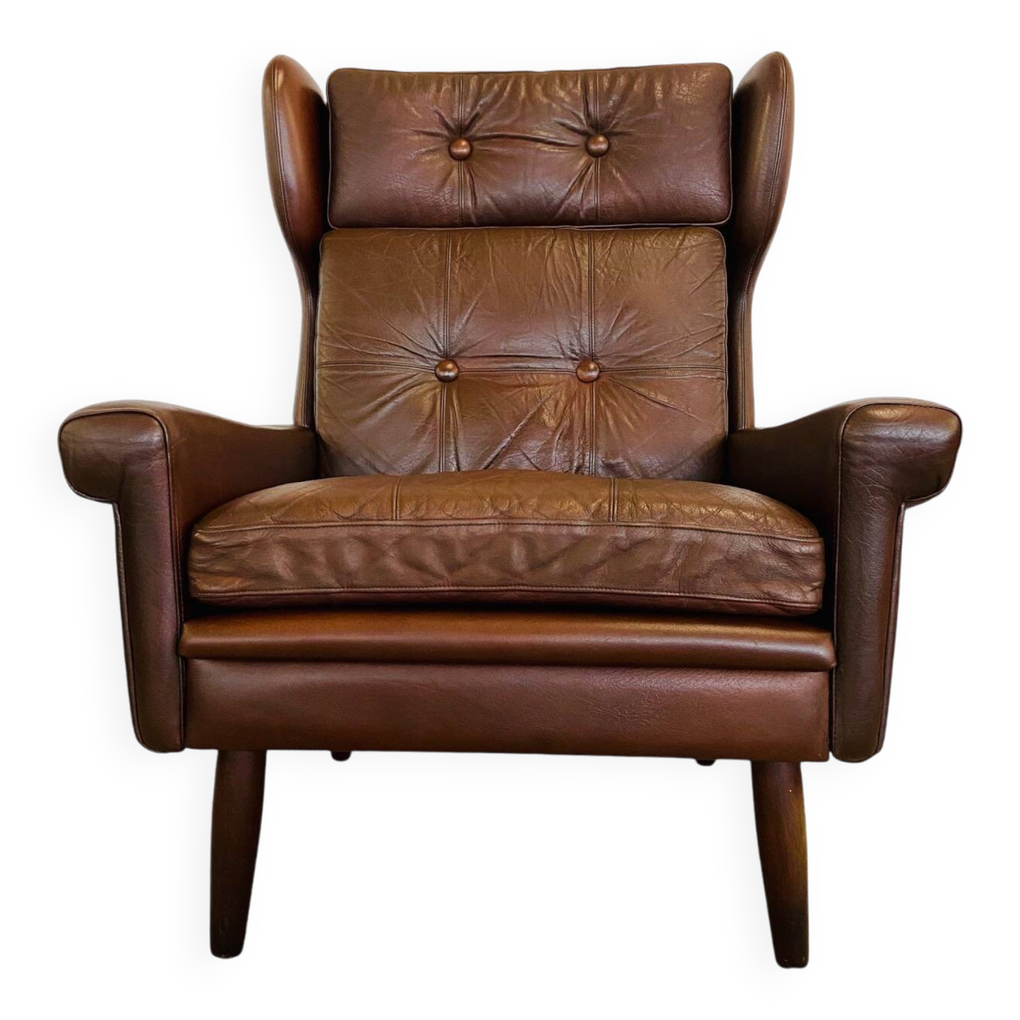 Vintage danish retro mid-century svend skipper cognac leather chair & stool 60s