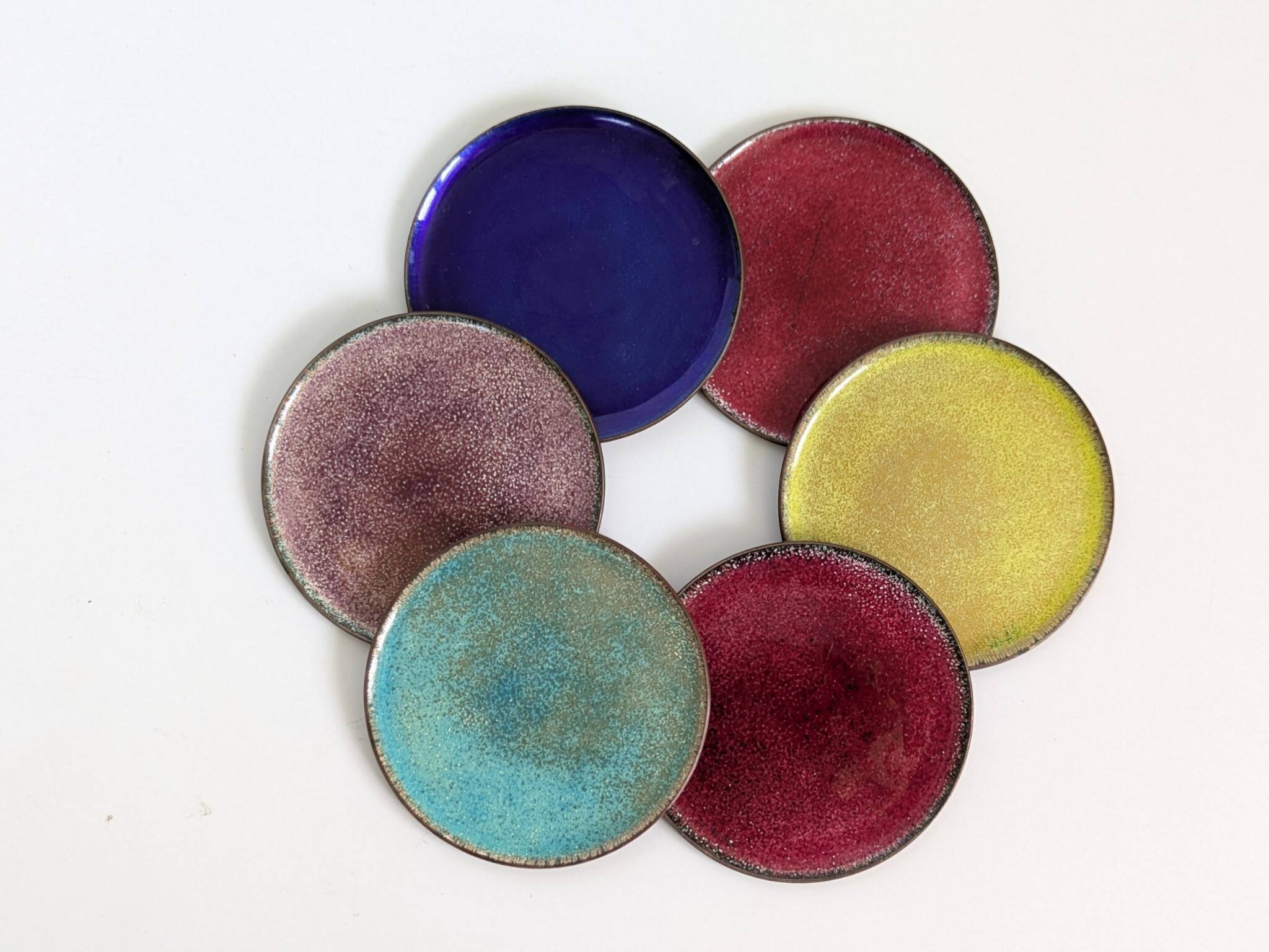 Set of 6 Vintage MCM Multicoloured Enamel on Copper Coasters from the 60s