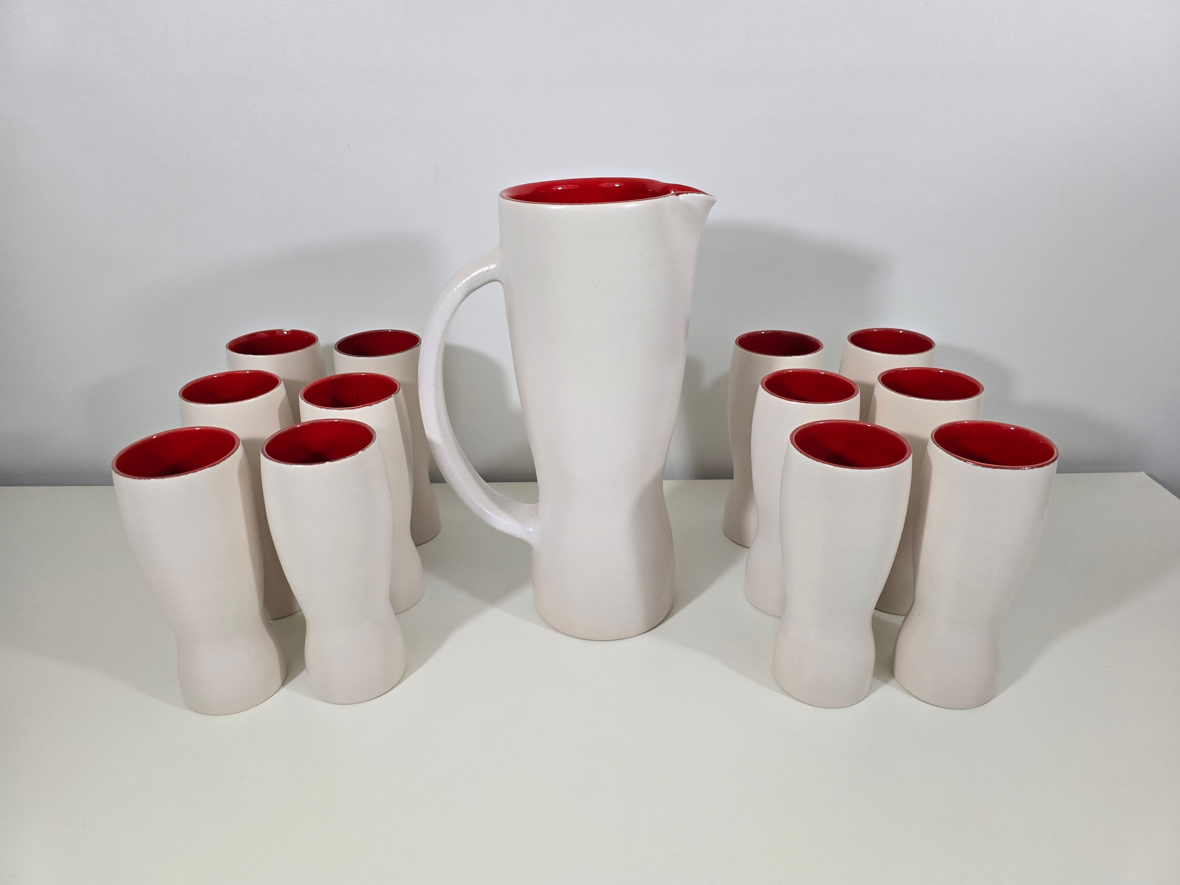 Jug and 12 ceramic cups model 1059 by Pol Chambost from around 1950.