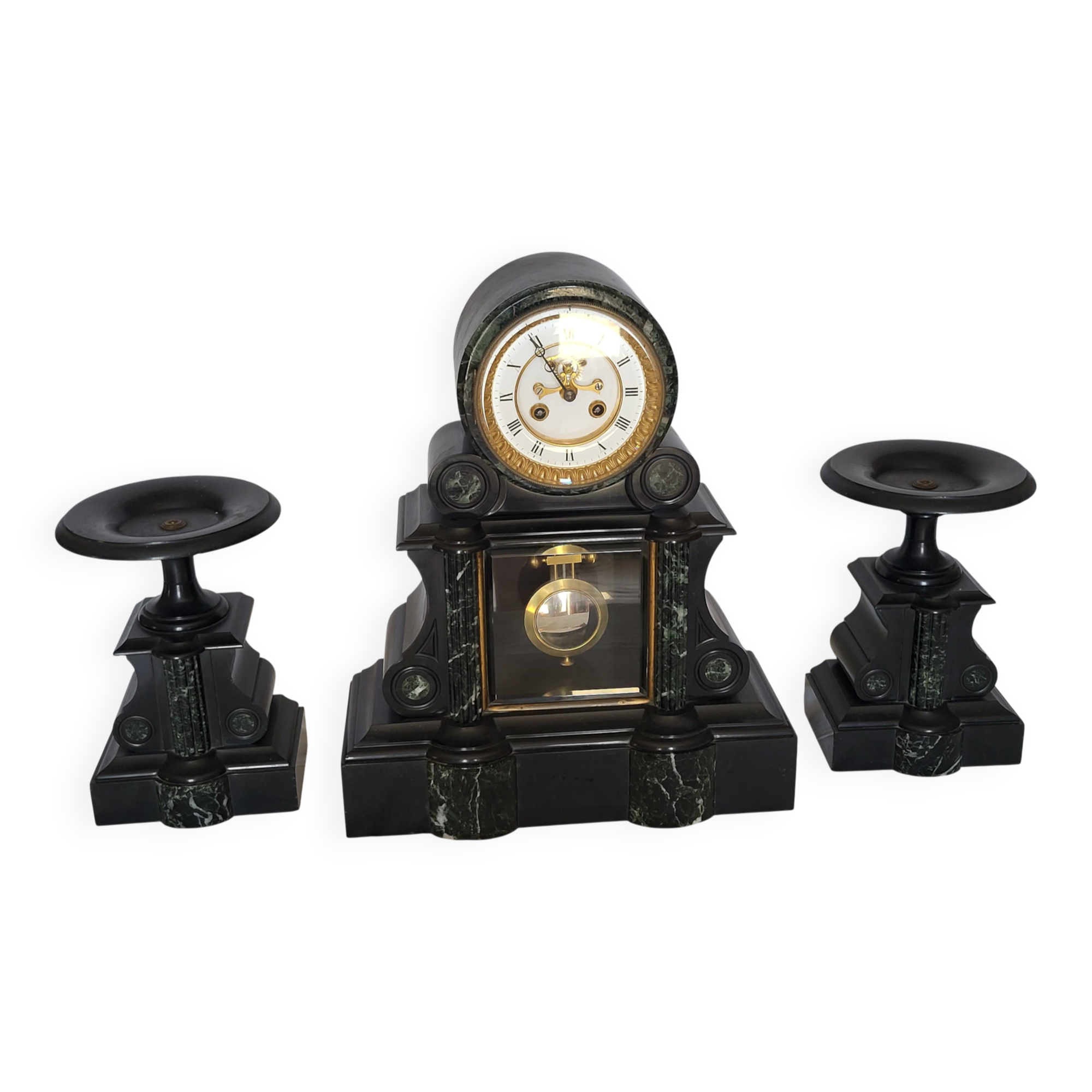 Napoleon III fireplace garniture, black marble and sea green.