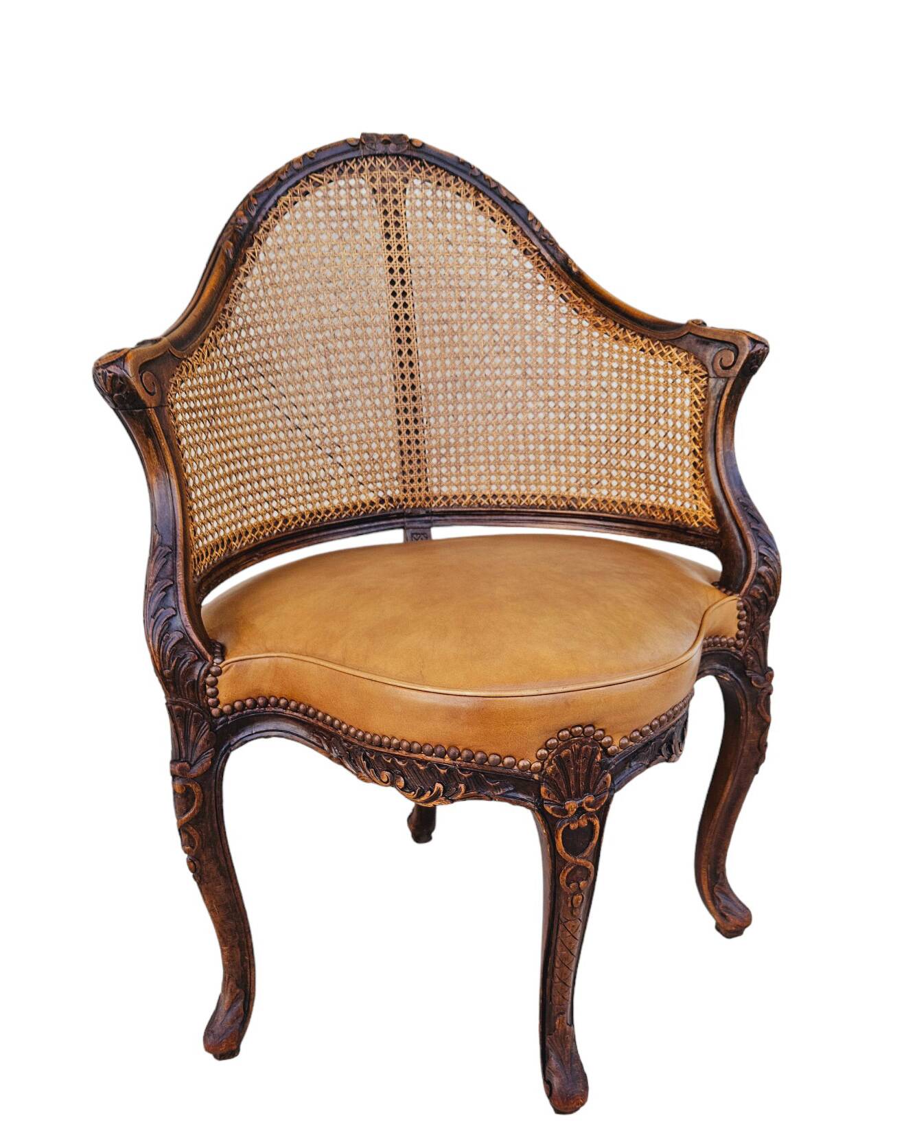 Louis xv office armchair, carved, cane, leather trimmed