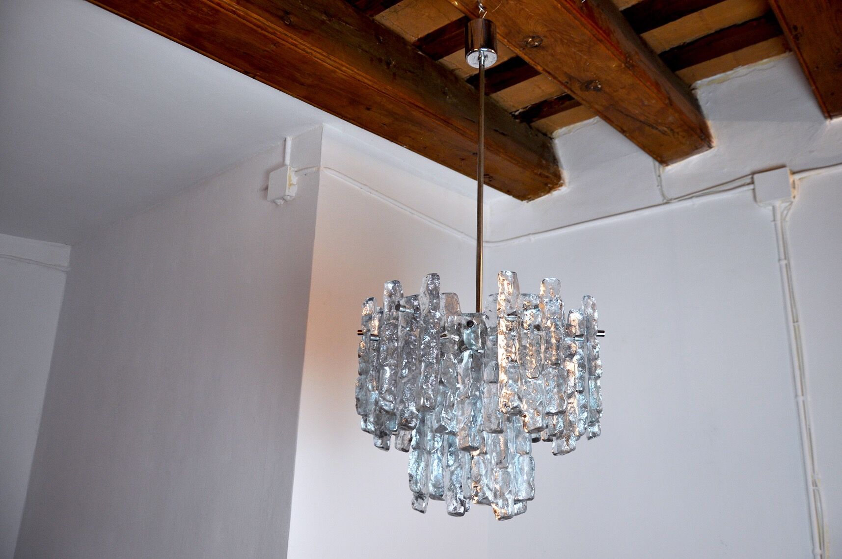 J.T Kalmar 'Glaçon' chandelier, Frosted Glass, 2 Levels, Austria, 1970