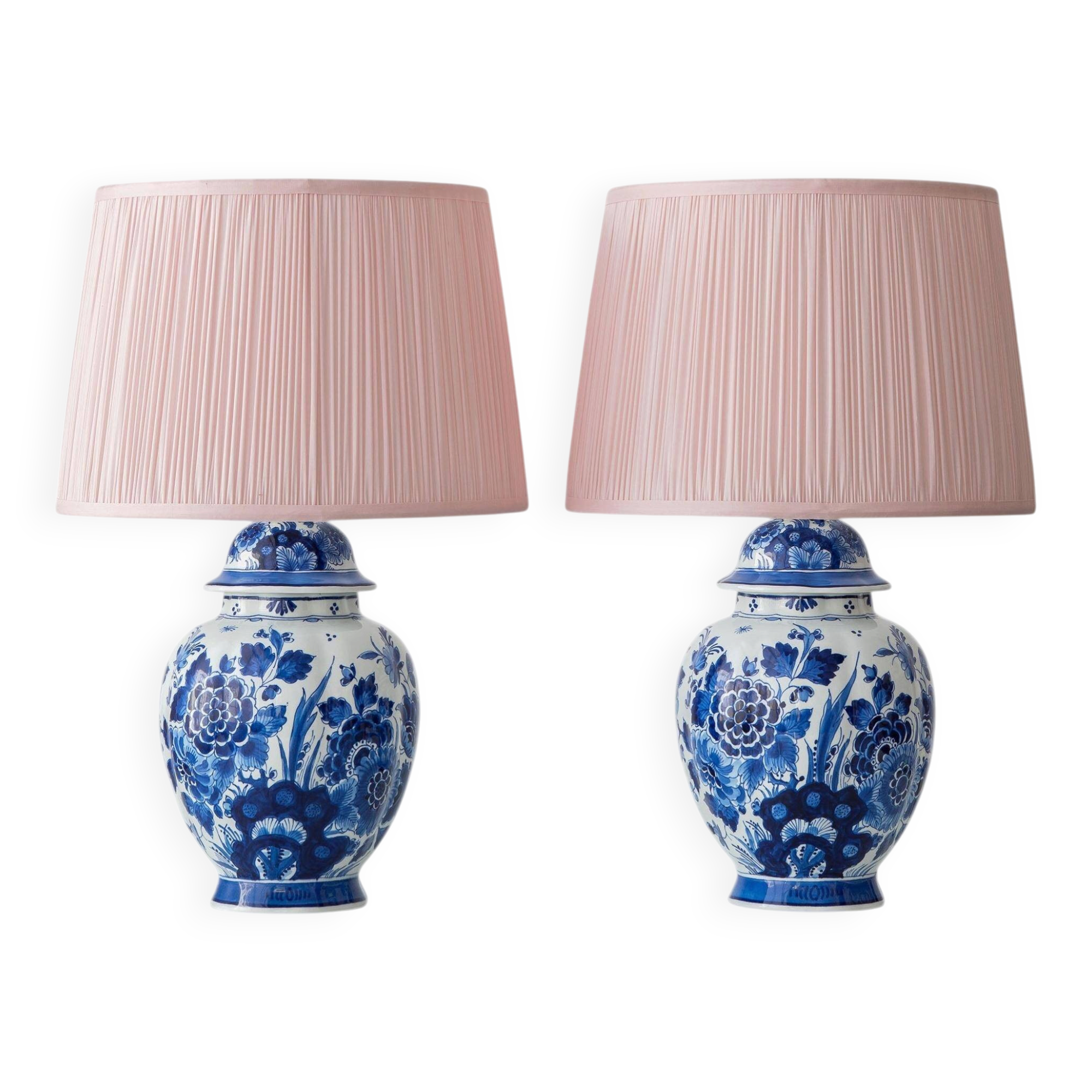 Pair of Royal Delft Blue & White Hand-Painted Floral Ginger Jar Table Lamps