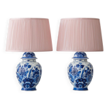 Pair of Royal Delft Blue & White Hand-Painted Floral Ginger Jar Table Lamps