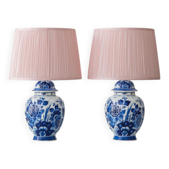 Pair of Royal Delft Blue & White Hand-Painted Floral Ginger Jar Table Lamps