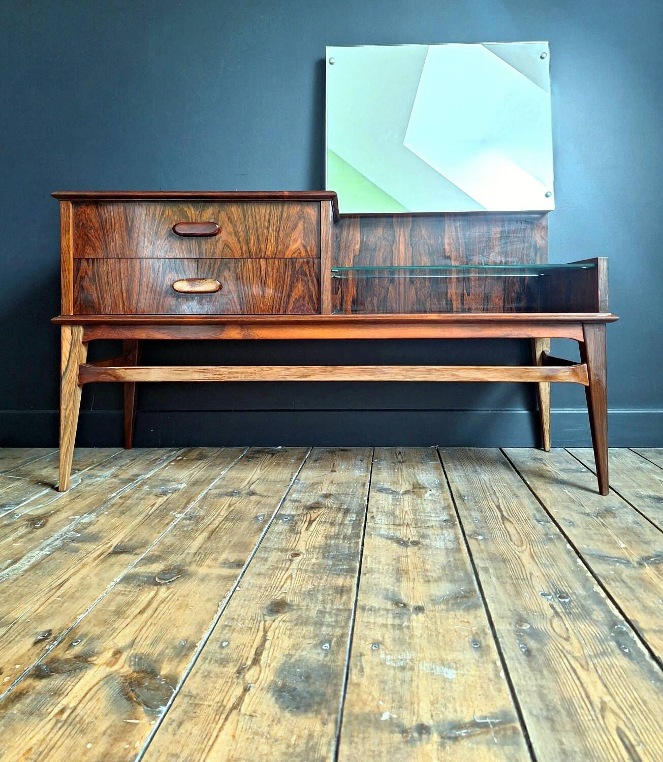 Vintage enfilade in rosewood, antique dressing table, chest of drawers.