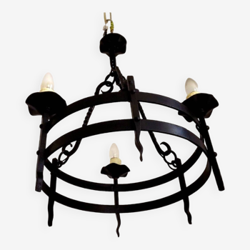 Rustic french vintage hand forged black wrought iron 3 light chandelier 4484