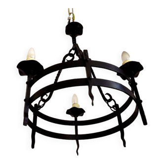 Vintage French Rustic Hand Forged Black Wrought Iron 3 Light Chandelier 4484