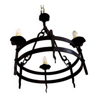 Rustic french vintage hand forged black wrought iron 3 light chandelier 4484