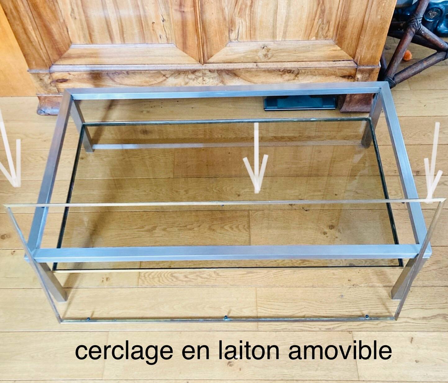 1970s coffee table in brushed metal, brass and smoked glass by Willy R