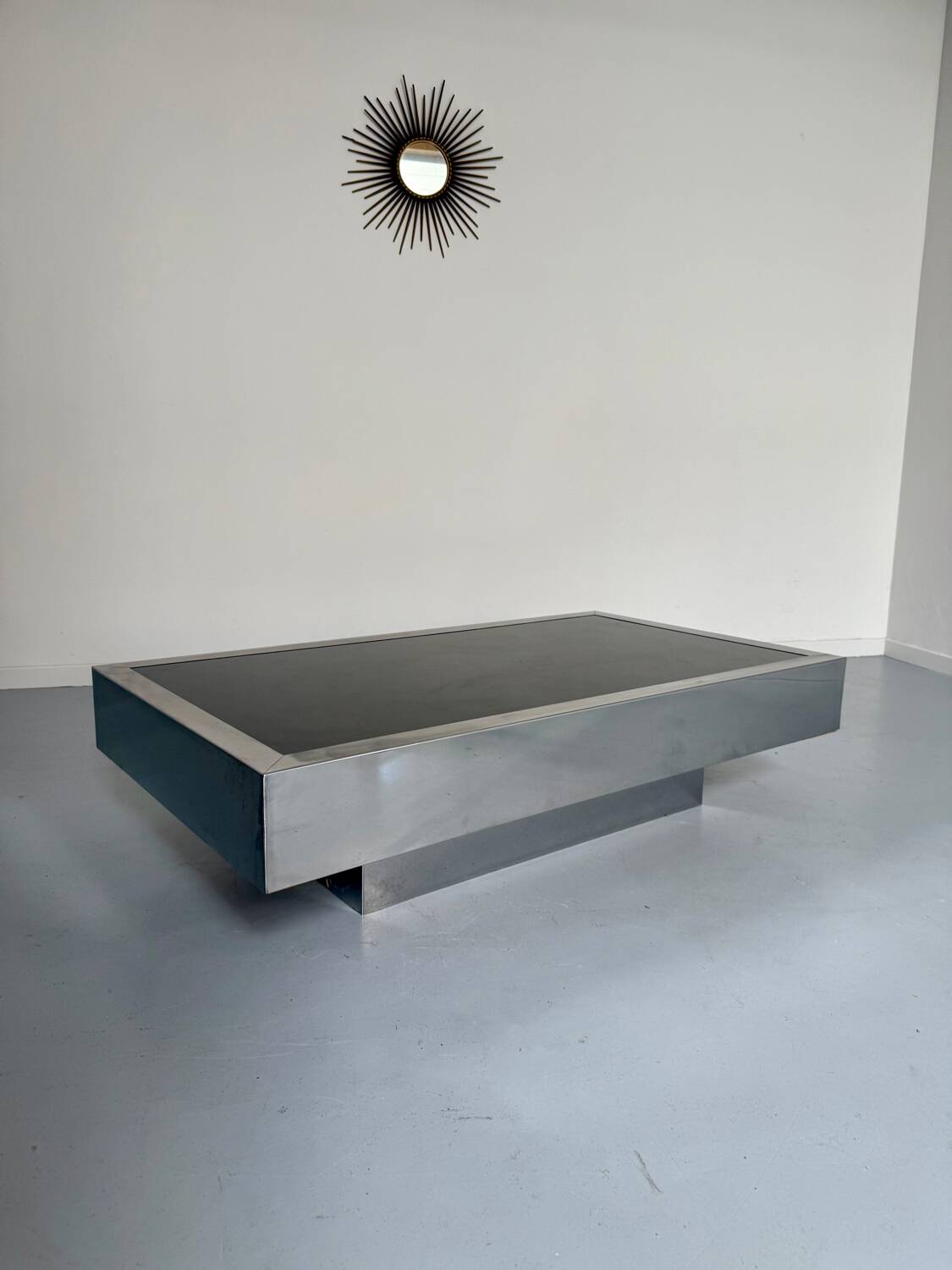 Italian coffee table in chromed metal and vintage brown glass top 70s