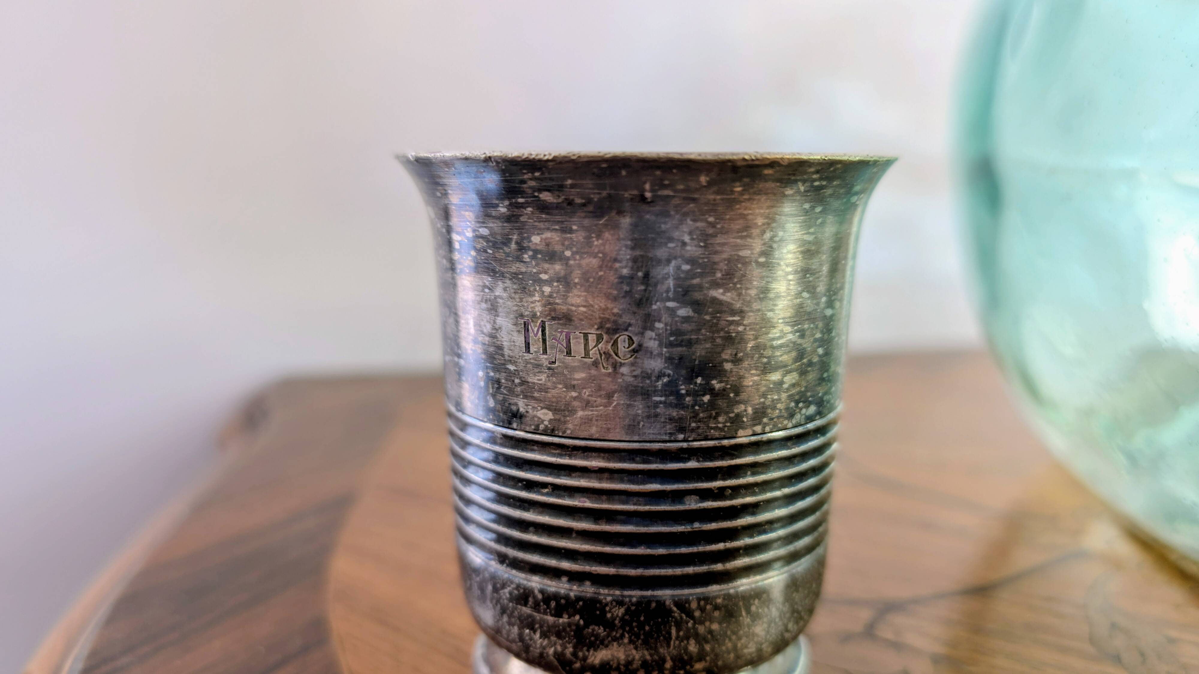 Antique white metal christening cup – engraved with “Mare” and a beautiful patina