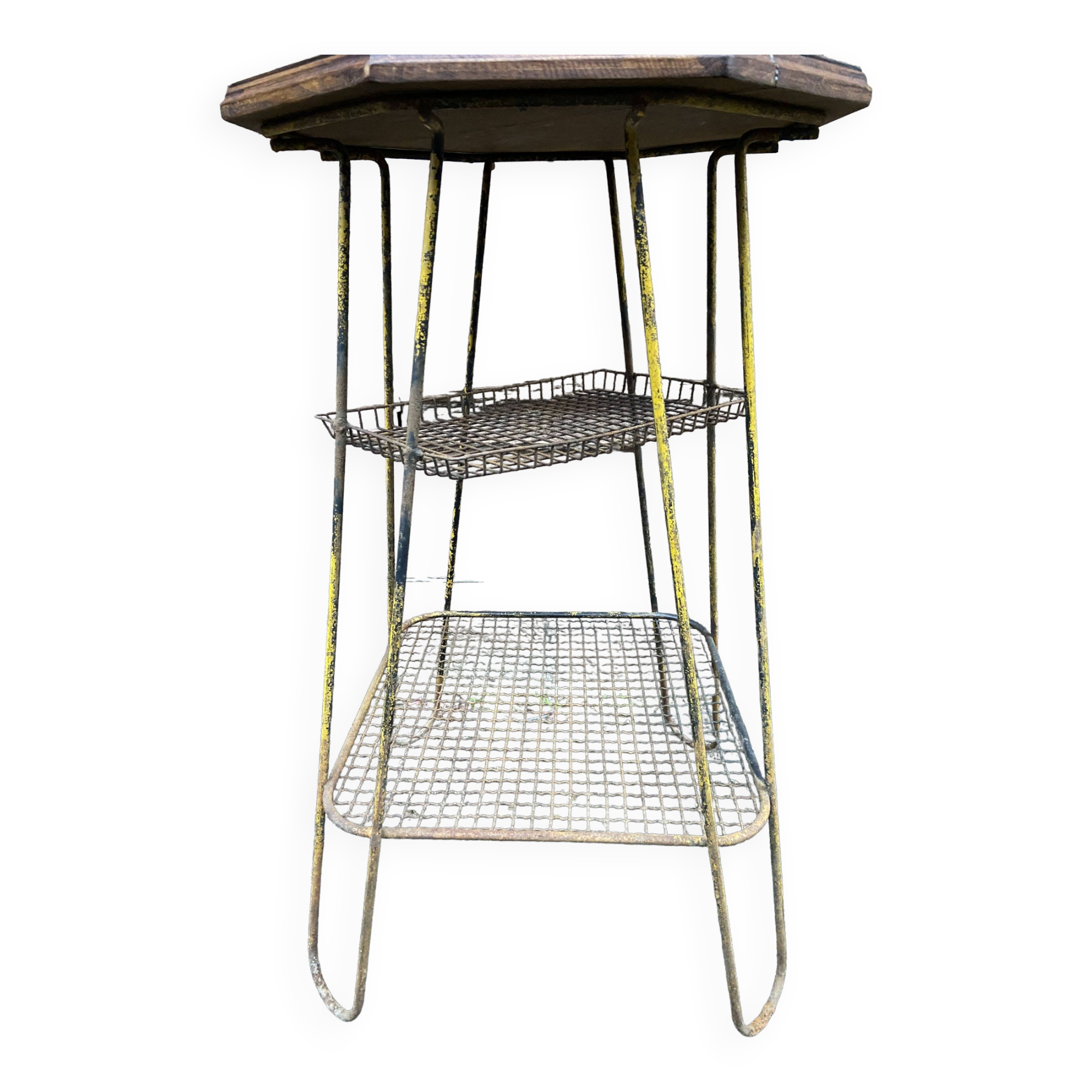 Vintage industrial harness serving hexagonal commercial console in metal & wood Vintage 1950