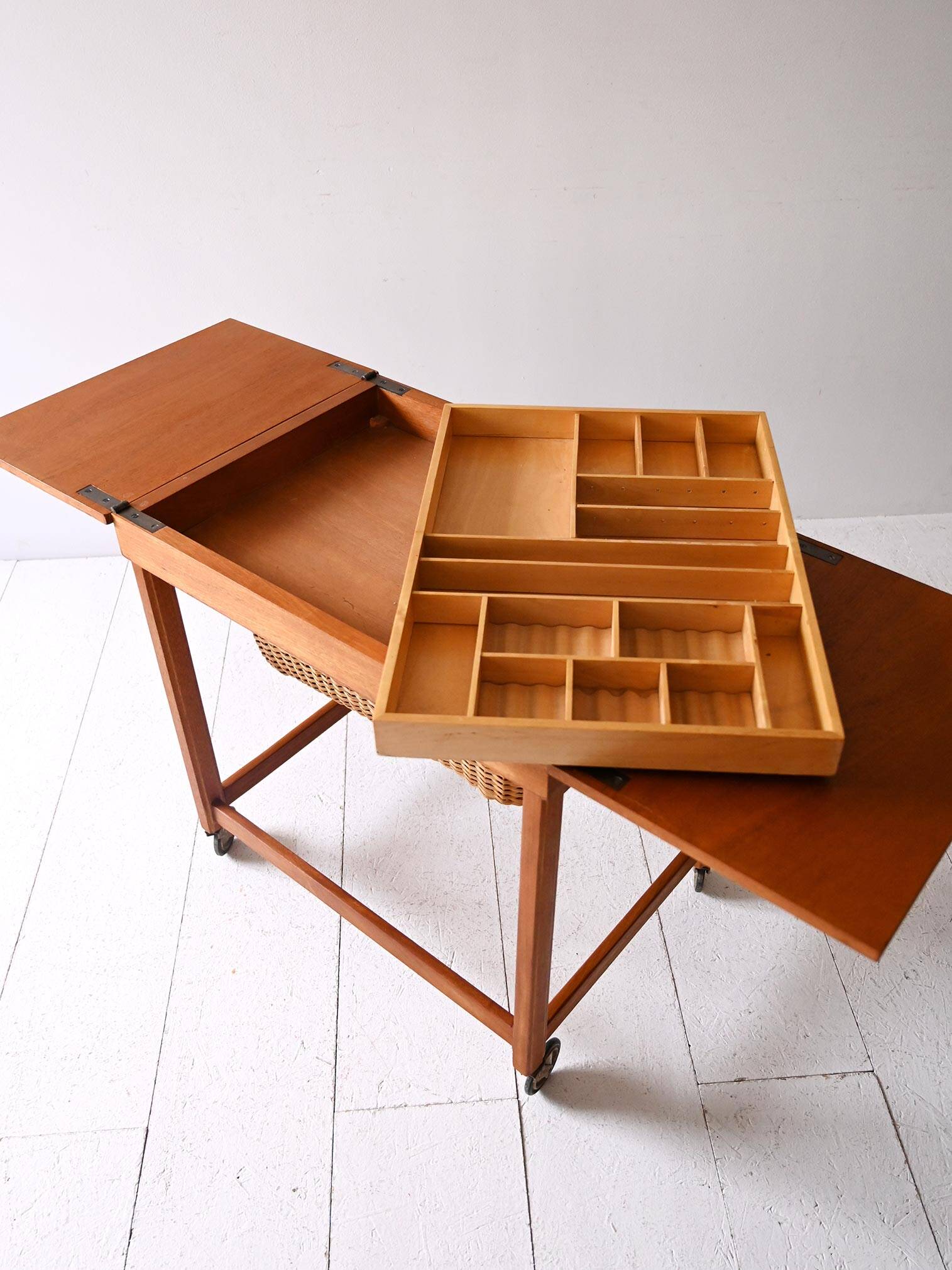 Vintage Scandinavian Sewing Table with Wheels and Basket