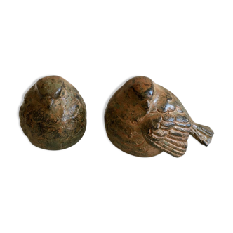 Pair of bronze birds with polychrome patina - stamped Pierre Chenet