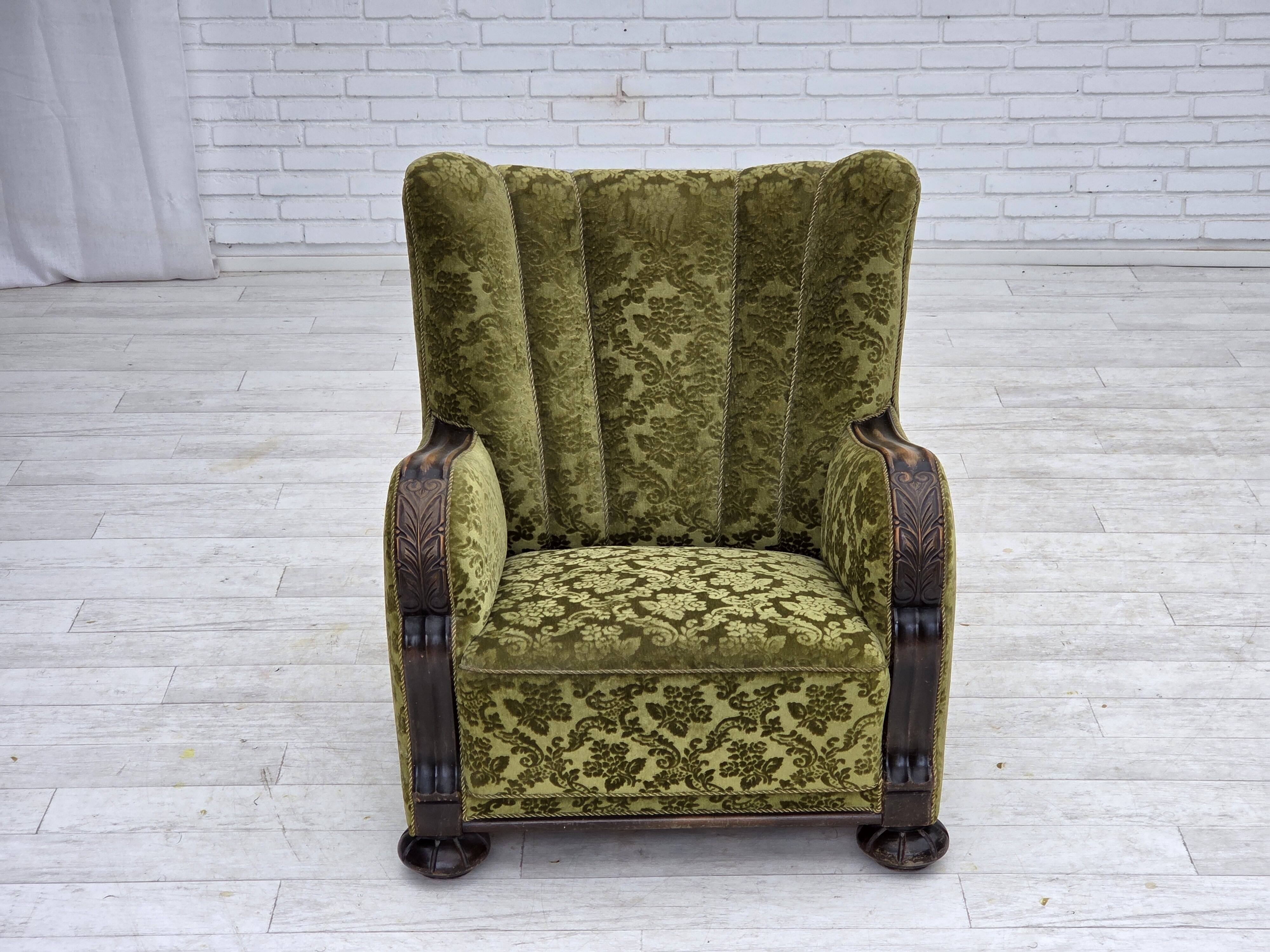 1950s, Danish relax chair. Furniture velour, oak wood,