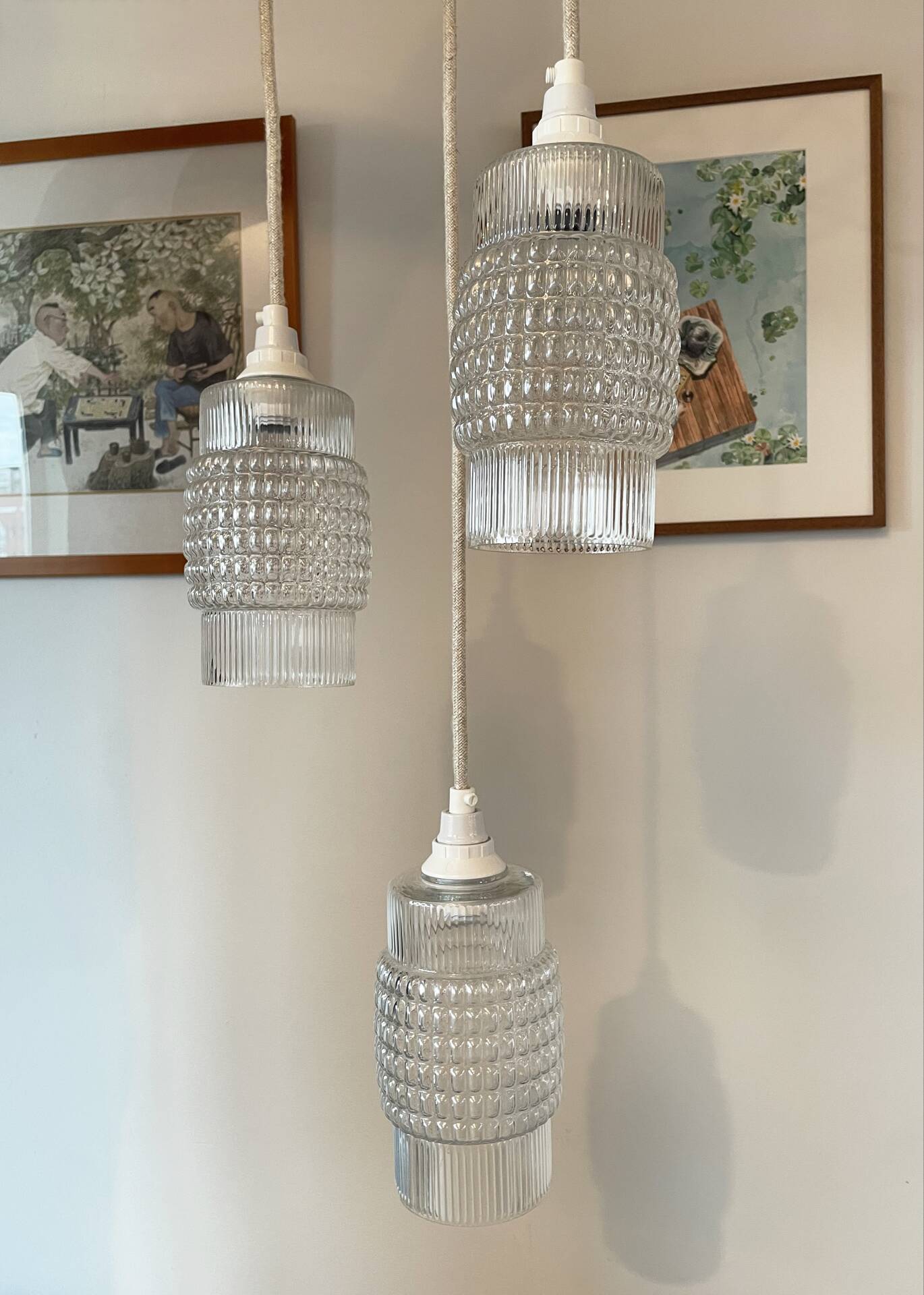 Set of 3 Refurbished Textured Glass Pendant Lights 1970s – Mid-Century