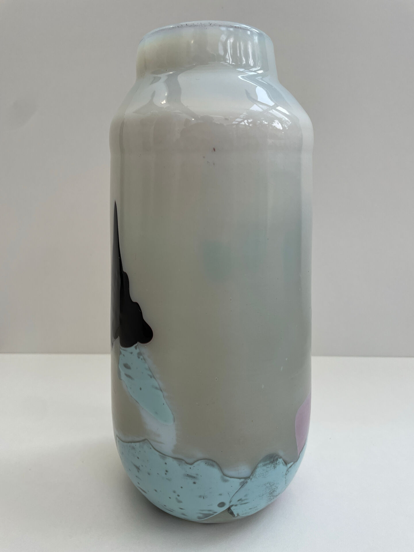 Blown opaline glass vase with coloured inclusions