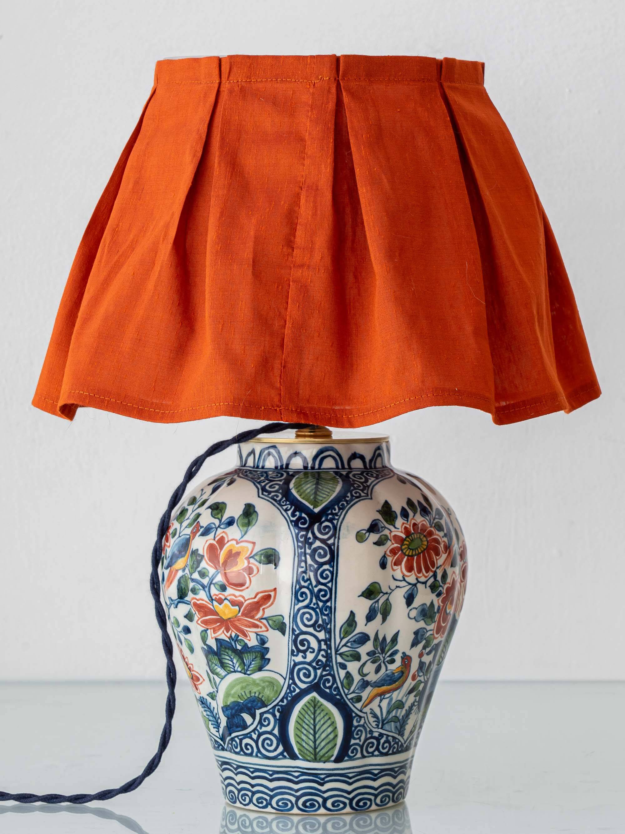 Delft Polychrome Chinoiserie Table Lamp, Tichelaar Makkum, New Silk Shade