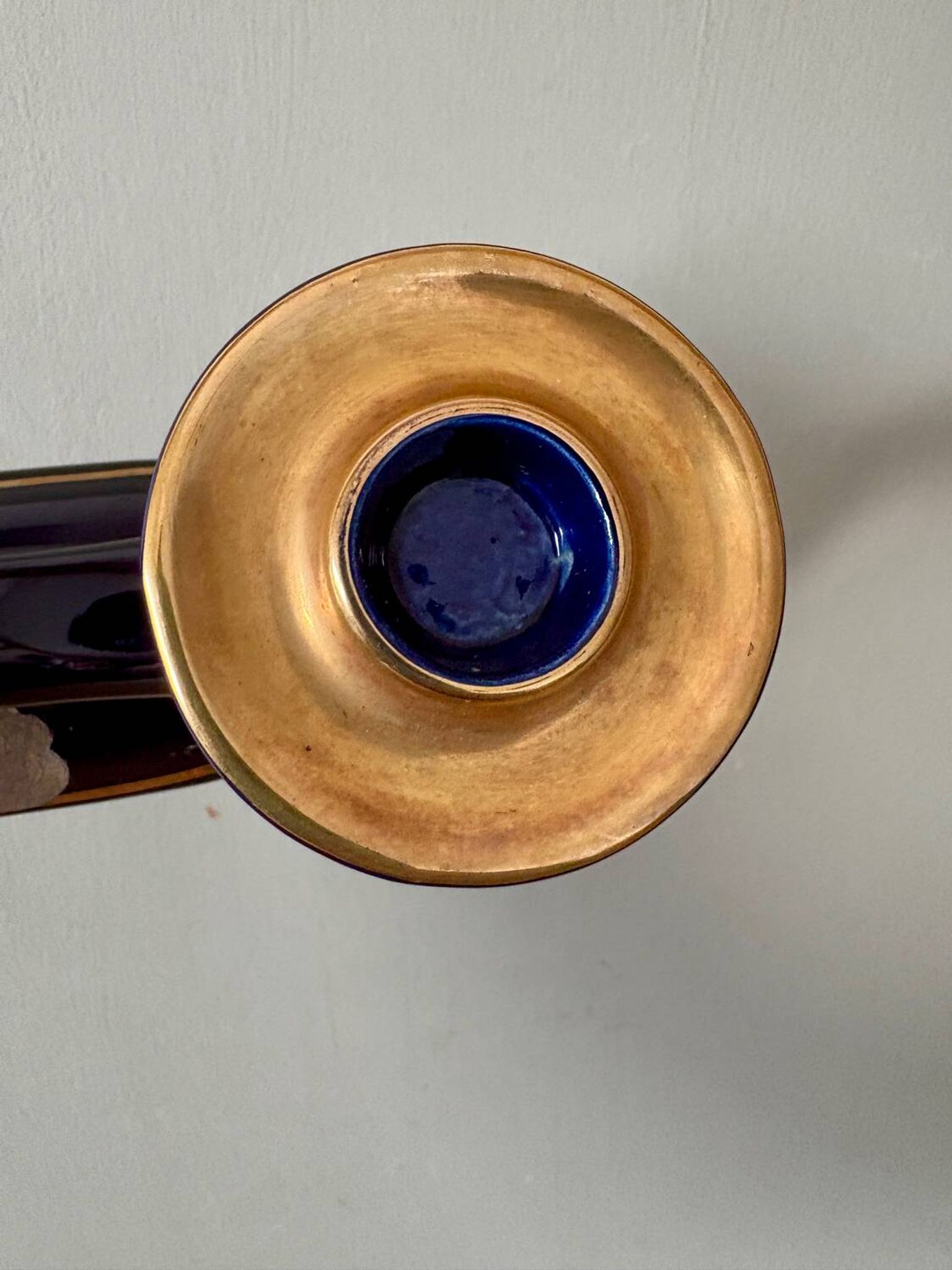 Set of 2 vintage blue and gold ceramic candle holders