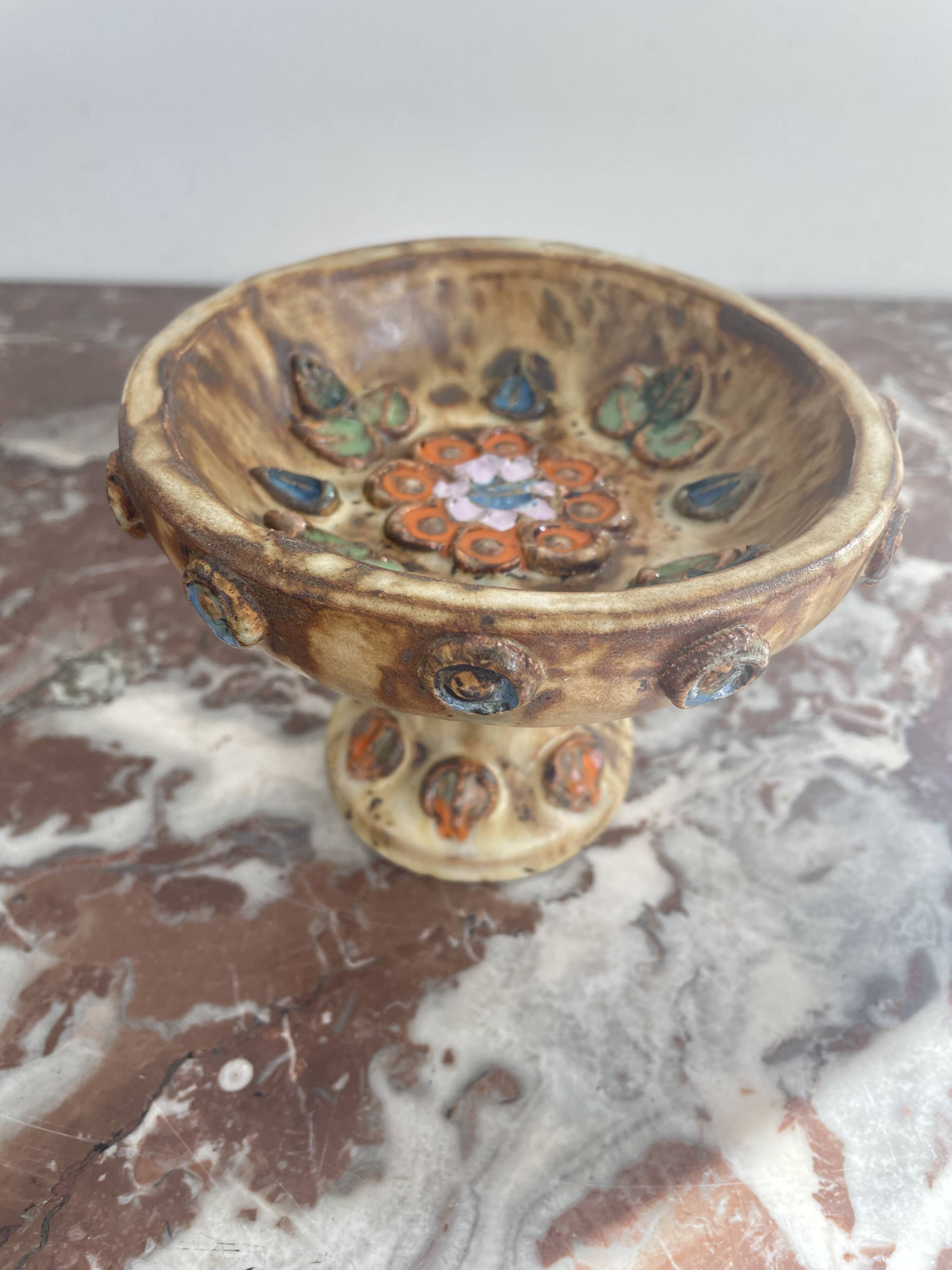 Cup, empty pocket, La Roue factory, Roland Zobel taste, enameled ceramic, Vallauris, decor