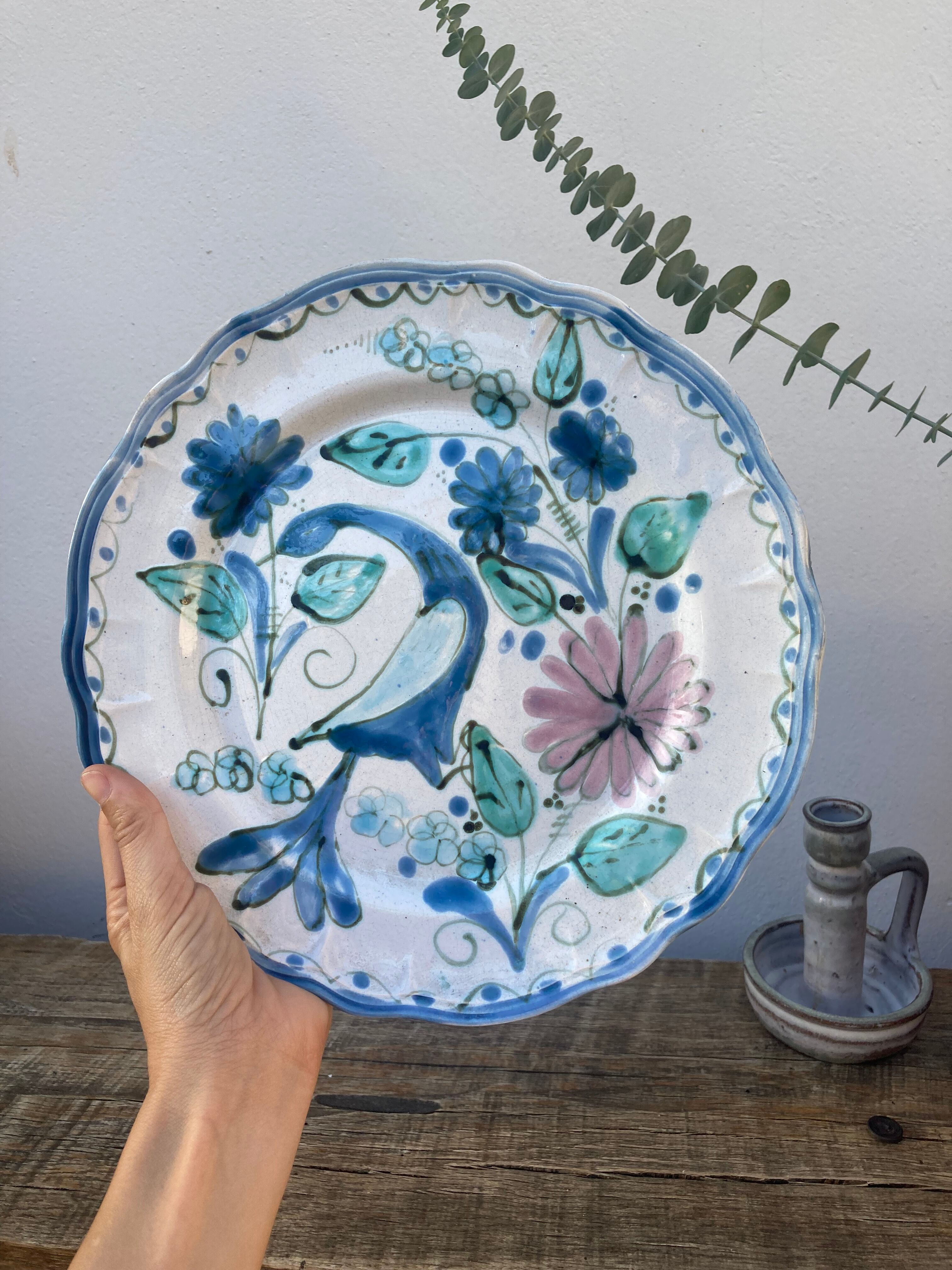 Decorative plate decorated with bird and flowers blue and pink vintage