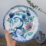 Decorative plate decorated with bird and flowers blue and pink vintage
