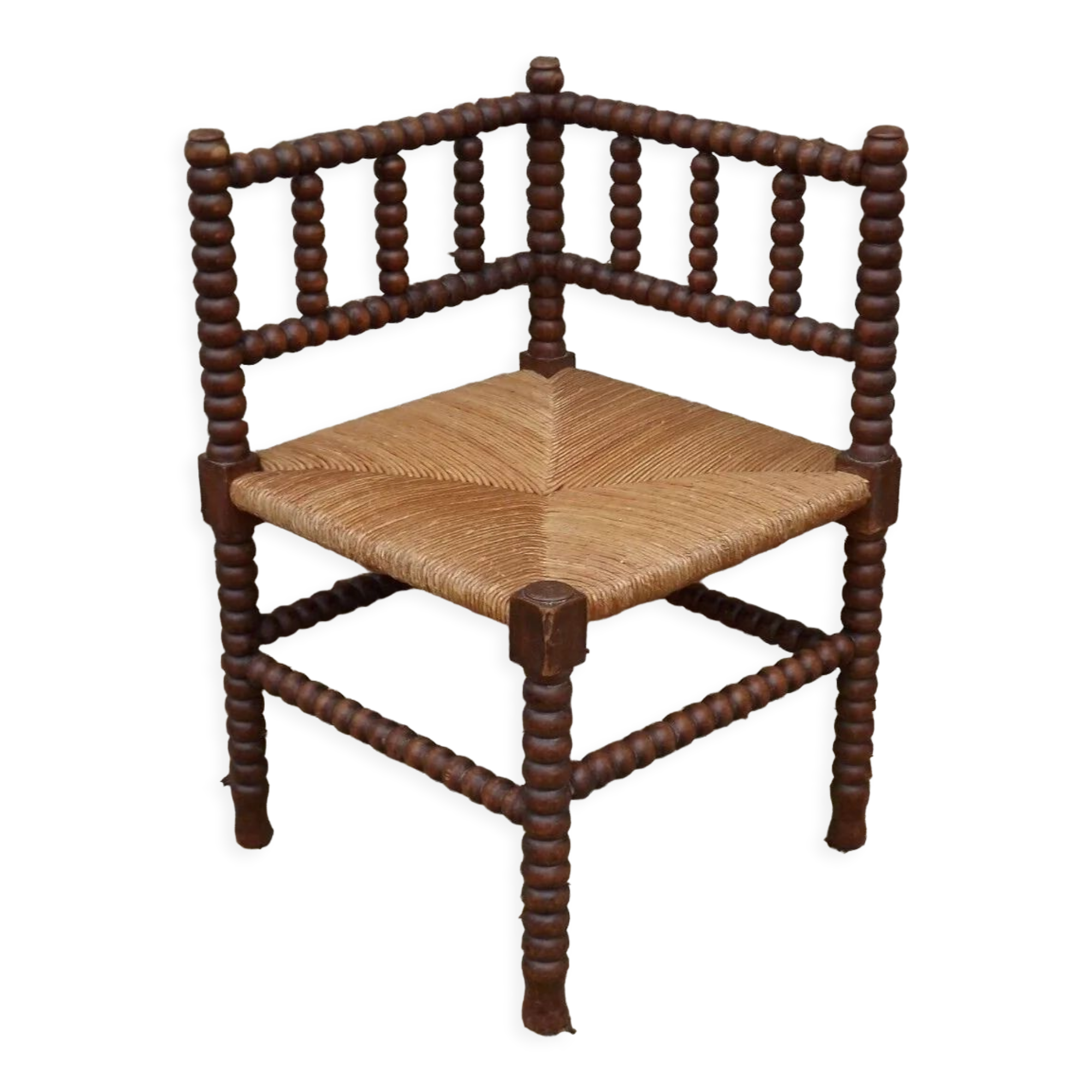 French antique turned wooden bobbin chair with rush seat 4156