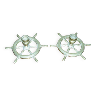 Matching Pair French Vintage Nautical Ships Wheel Brass Candle Stick Holders4357