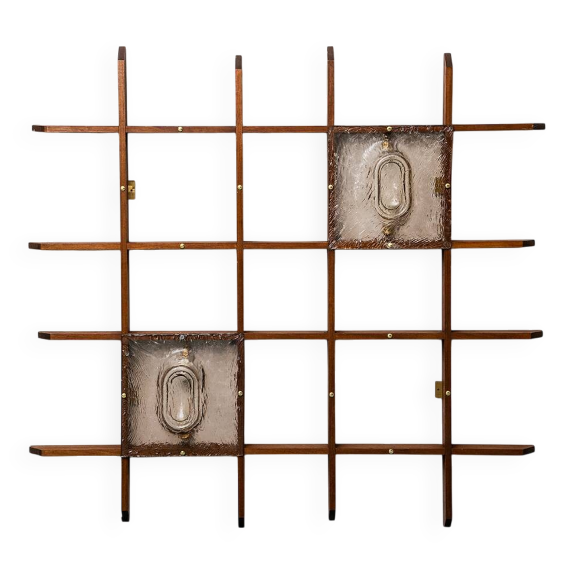 2-light wall lamp with teak grid frame mazzega 1960s vintage modern antique