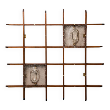 2-light wall lamp with teak grid frame mazzega 1960s vintage modern antique